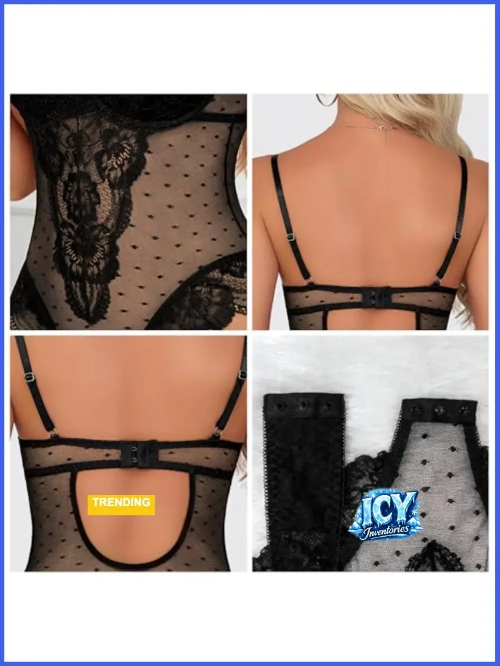 Sheer Lace Teddy Bodysuit Snap Crotch Sexy Lingerie Backless Adjustable Straps
